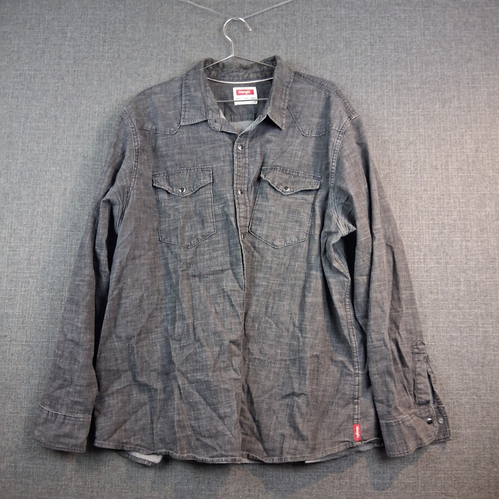 Wrangler Mens Western Button Down Shirt Charcoal Gray Long Sleeve Workwear 0807